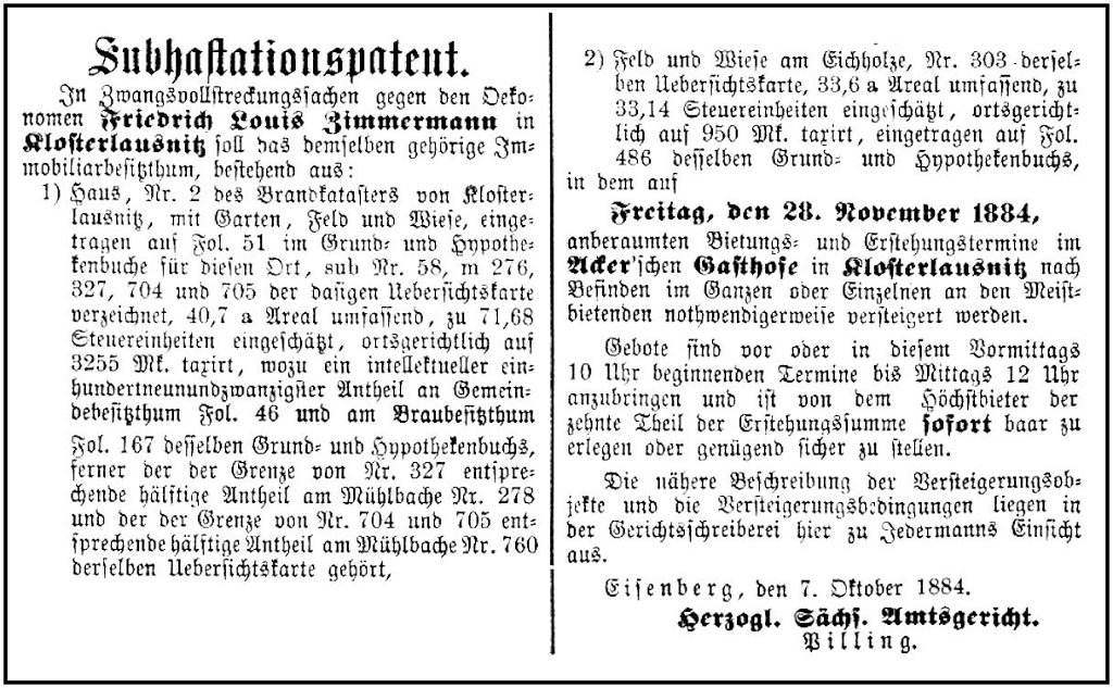 1884-10-07 Kl Zwangsversteigerung Zimmermann